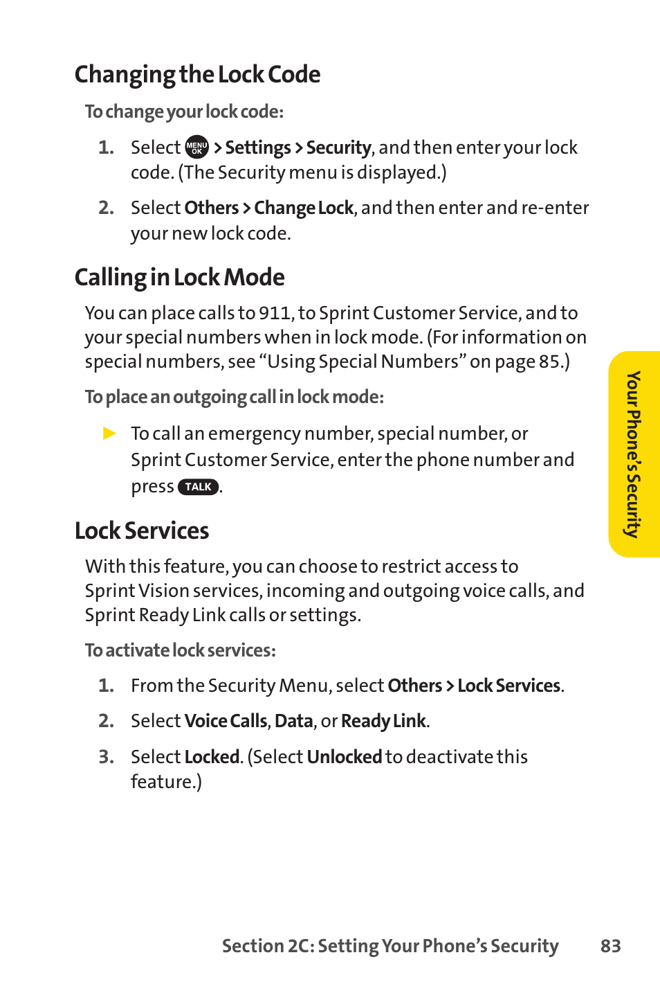 Changing the lock code, Calling in lock mode, Lock services | Sprint Nextel SCP-7050 User Manual | Page 99 / 267