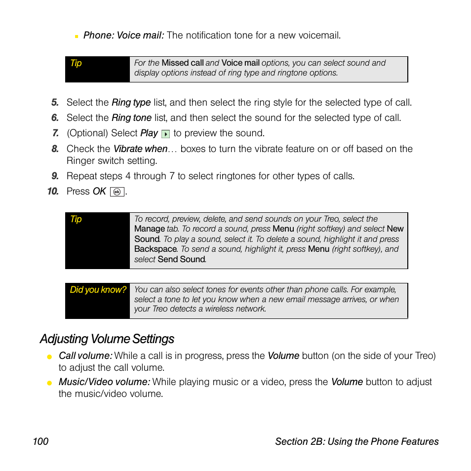 Adjusting volume settings | Sprint Nextel Palm Treo 800w User Manual | Page 100 / 436