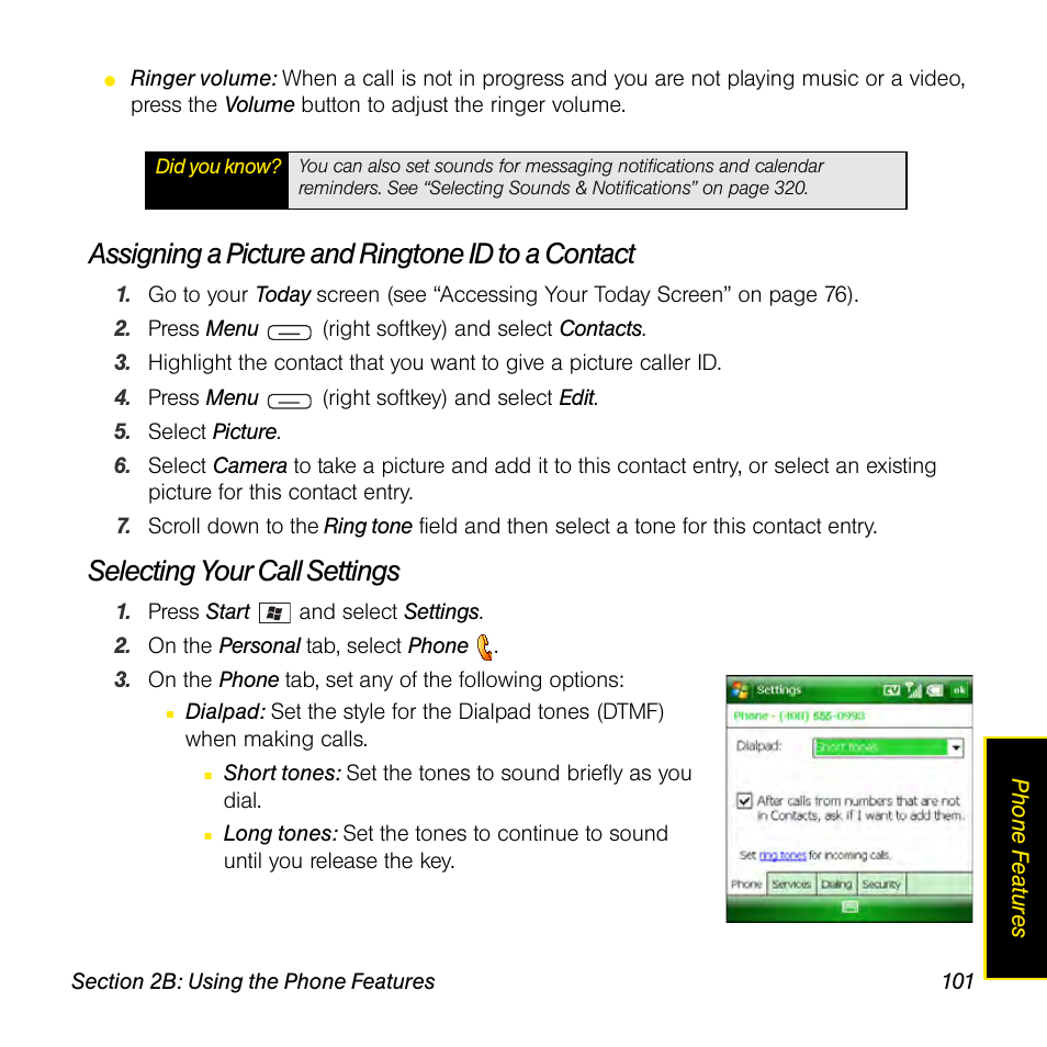 Assigning a picture and ringtone id to a contact, Selecting your call settings | Sprint Nextel Palm Treo 800w User Manual | Page 101 / 436