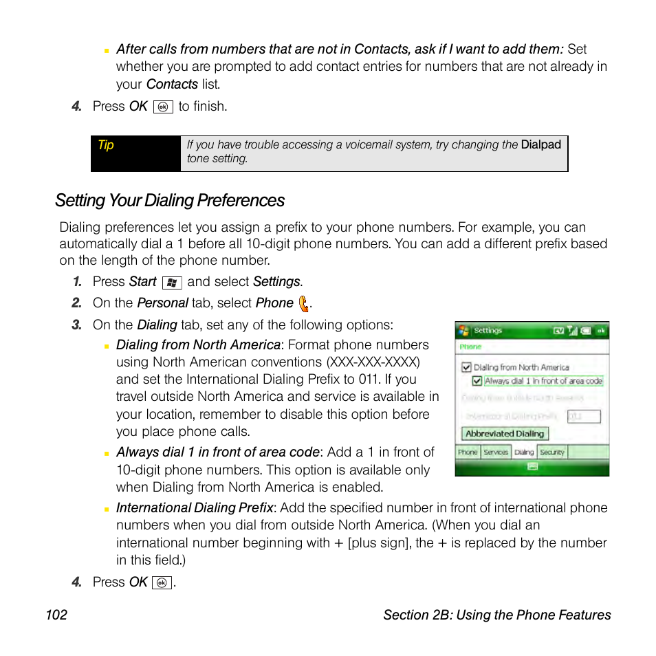 Setting your dialing preferences | Sprint Nextel Palm Treo 800w User Manual | Page 102 / 436
