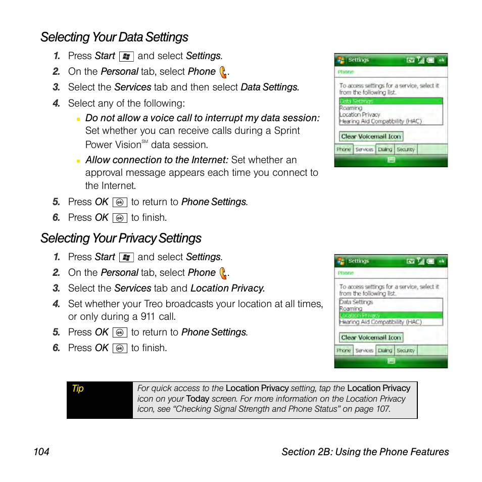 Selecting your data settings, Selecting your privacy settings | Sprint Nextel Palm Treo 800w User Manual | Page 104 / 436