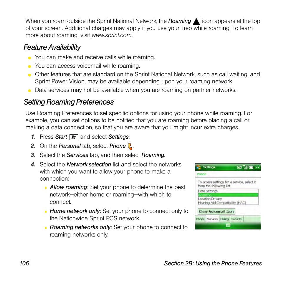 Feature availability, Setting roaming preferences | Sprint Nextel Palm Treo 800w User Manual | Page 106 / 436