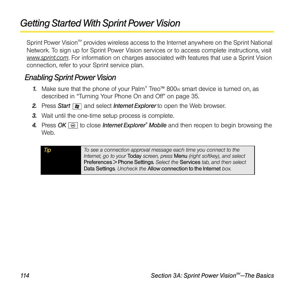 Getting started with sprint power vision, Enabling sprint power vision | Sprint Nextel Palm Treo 800w User Manual | Page 114 / 436