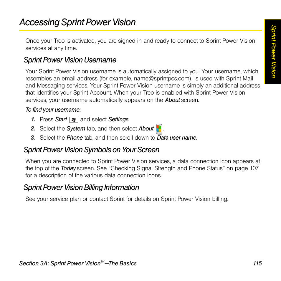 Accessing sprint power vision, Sprint power vision username, Sprint power vision symbols on your screen | Sprint power vision billing information | Sprint Nextel Palm Treo 800w User Manual | Page 115 / 436