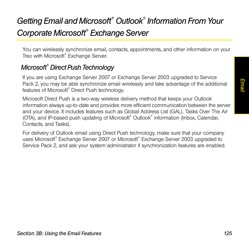 Microsoft® direct push technology, Getting email and microsoft, Outlook | Information from your corporate microsoft, Exchange, Server, Exchange server, Microsoft, Direct push technology | Sprint Nextel Palm Treo 800w User Manual | Page 125 / 436