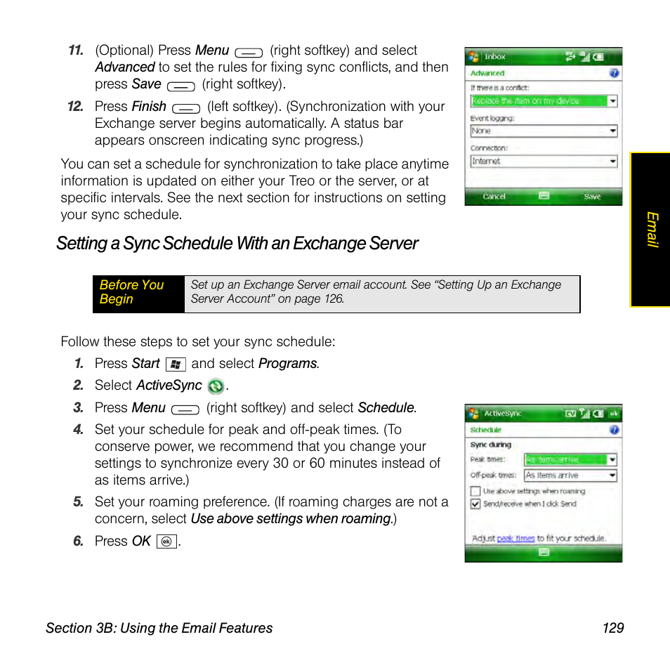 Setting a sync schedule with an exchange server | Sprint Nextel Palm Treo 800w User Manual | Page 129 / 436