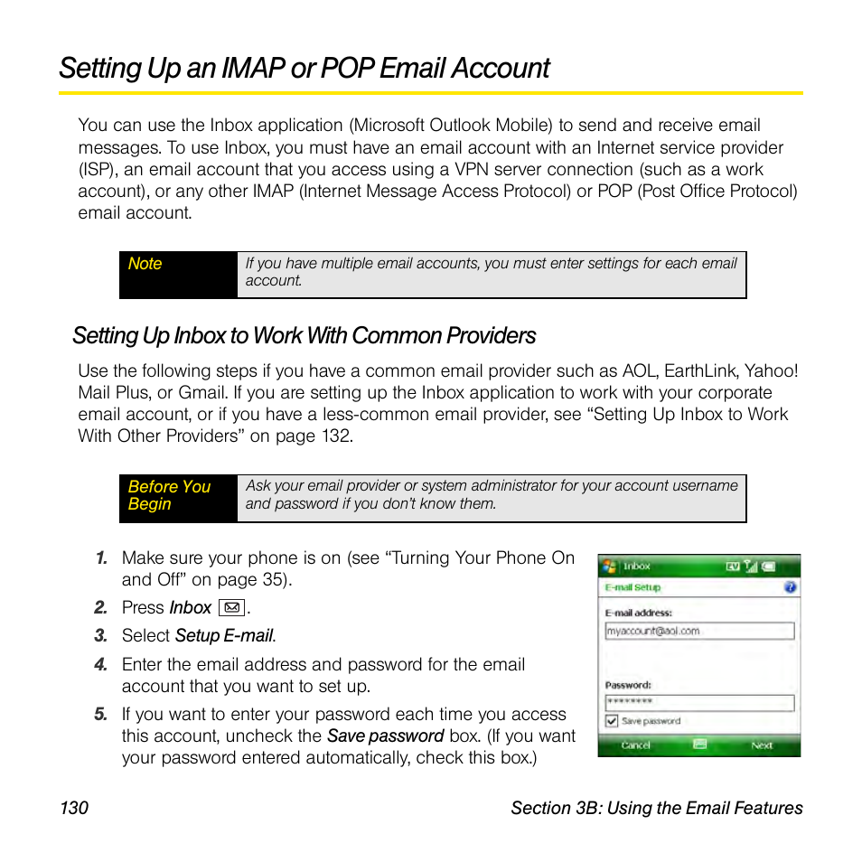 Setting up an imap or pop email account, Setting up inbox to work with common providers | Sprint Nextel Palm Treo 800w User Manual | Page 130 / 436