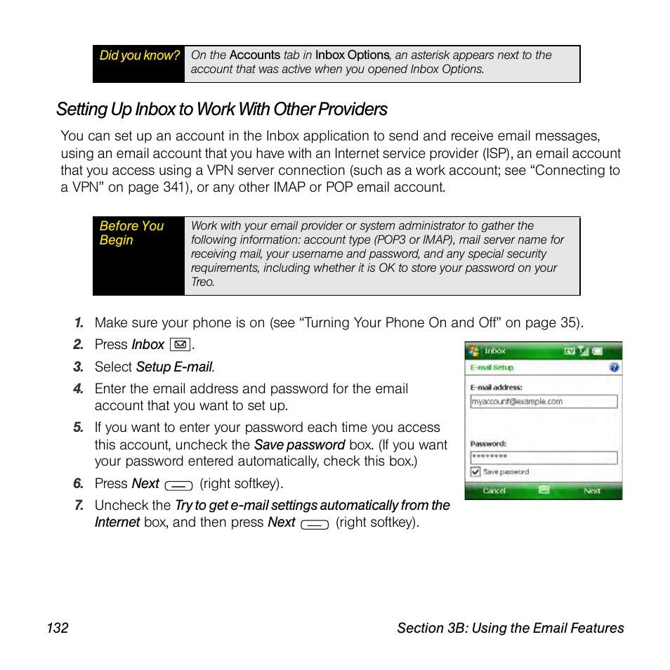 Setting up inbox to work with other providers | Sprint Nextel Palm Treo 800w User Manual | Page 132 / 436