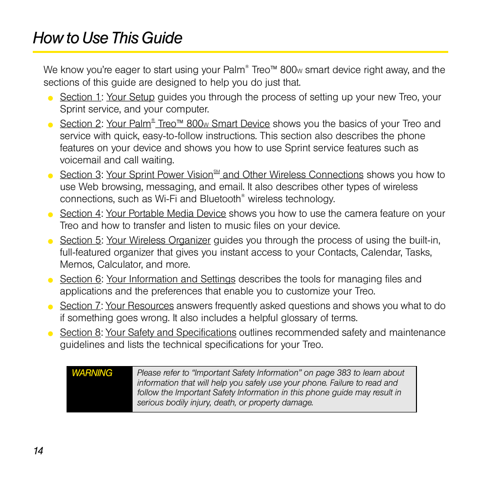How to use this guide | Sprint Nextel Palm Treo 800w User Manual | Page 14 / 436