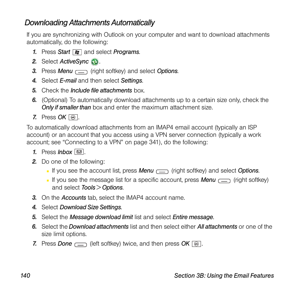 Downloading attachments automatically | Sprint Nextel Palm Treo 800w User Manual | Page 140 / 436