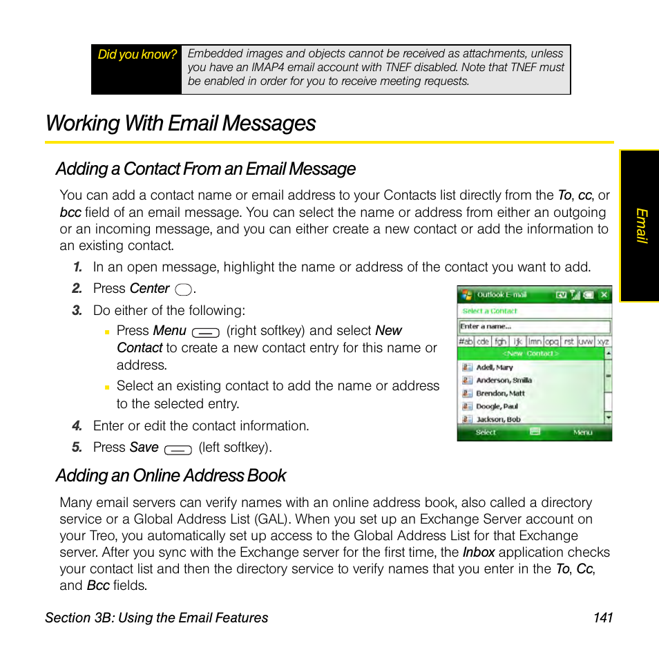 Working with email messages, Adding a contact from an email message, Adding an online address book | Sprint Nextel Palm Treo 800w User Manual | Page 141 / 436