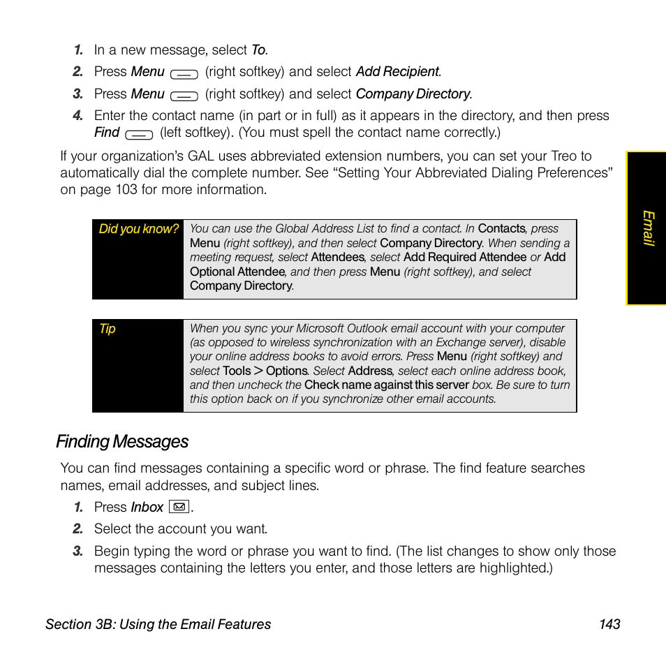 Finding messages | Sprint Nextel Palm Treo 800w User Manual | Page 143 / 436