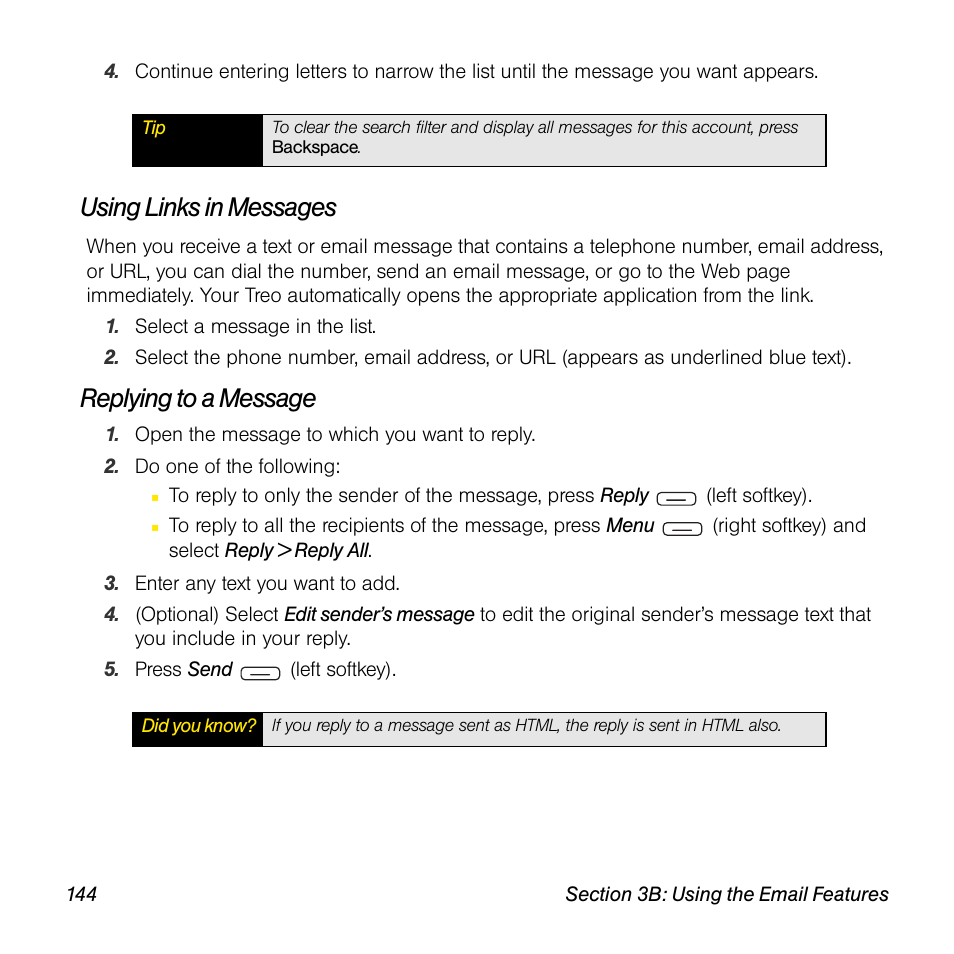 Using links in messages, Replying to a message | Sprint Nextel Palm Treo 800w User Manual | Page 144 / 436