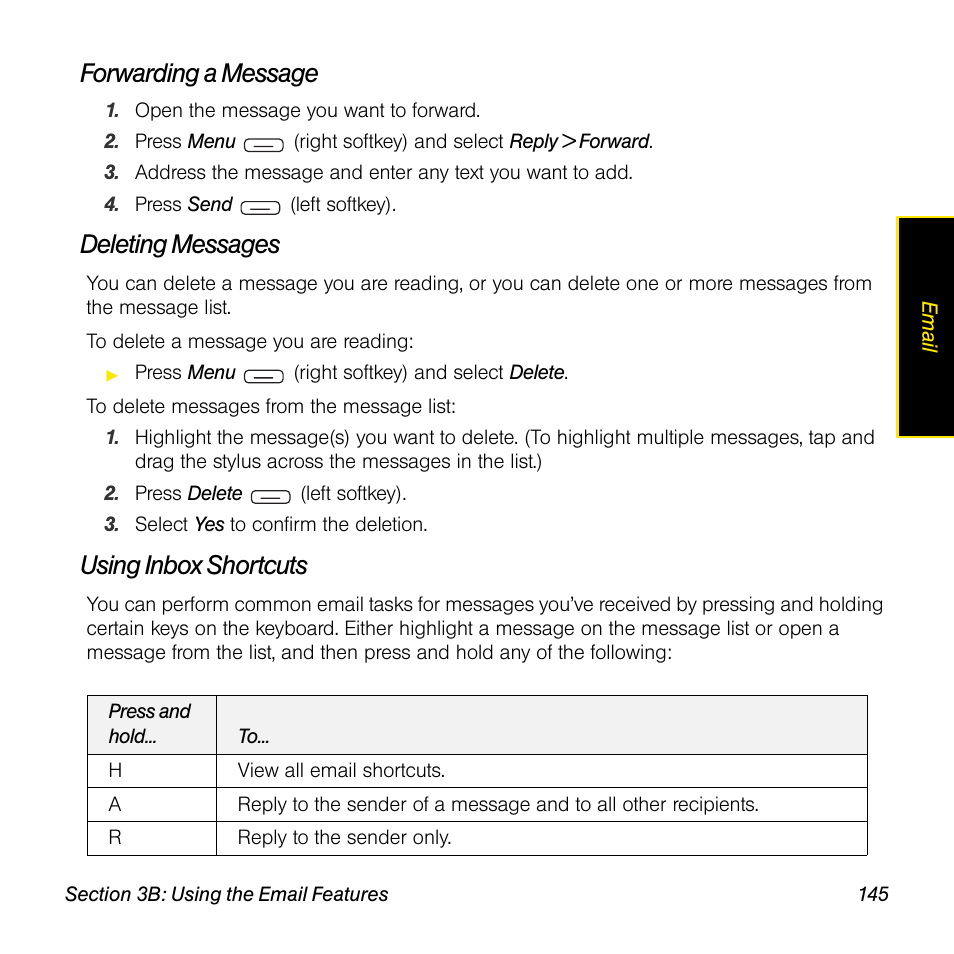 Forwarding a message, Deleting messages, Using inbox shortcuts | Sprint Nextel Palm Treo 800w User Manual | Page 145 / 436