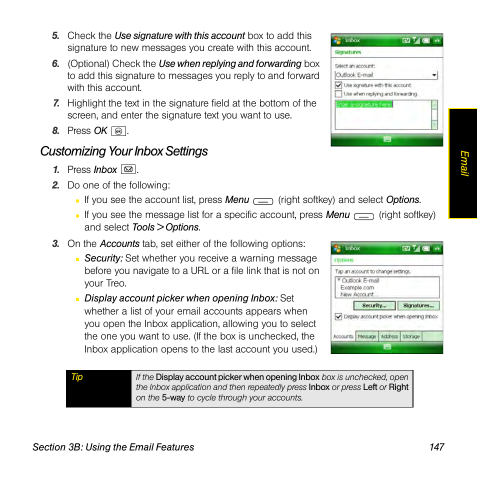 Customizing your inbox settings | Sprint Nextel Palm Treo 800w User Manual | Page 147 / 436