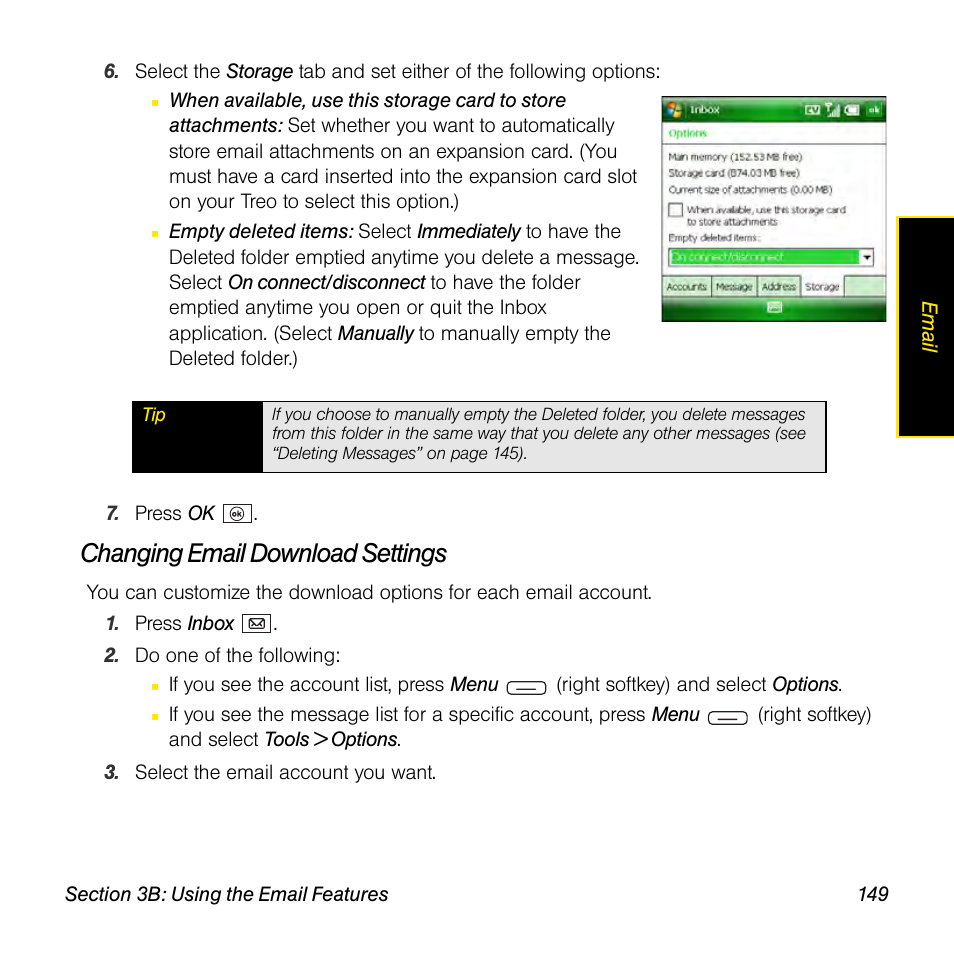 Changing email download settings | Sprint Nextel Palm Treo 800w User Manual | Page 149 / 436