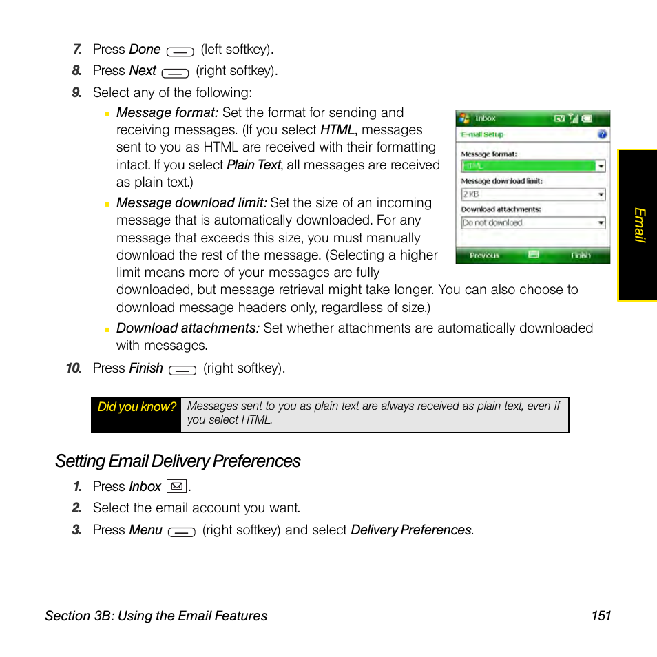 Setting email delivery preferences | Sprint Nextel Palm Treo 800w User Manual | Page 151 / 436