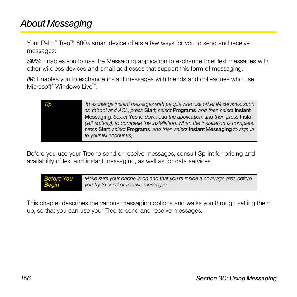 About messaging | Sprint Nextel Palm Treo 800w User Manual | Page 156 / 436