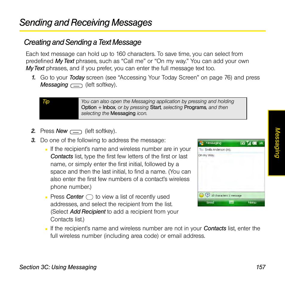 Sending and receiving messages, Creating and sending a text message | Sprint Nextel Palm Treo 800w User Manual | Page 157 / 436