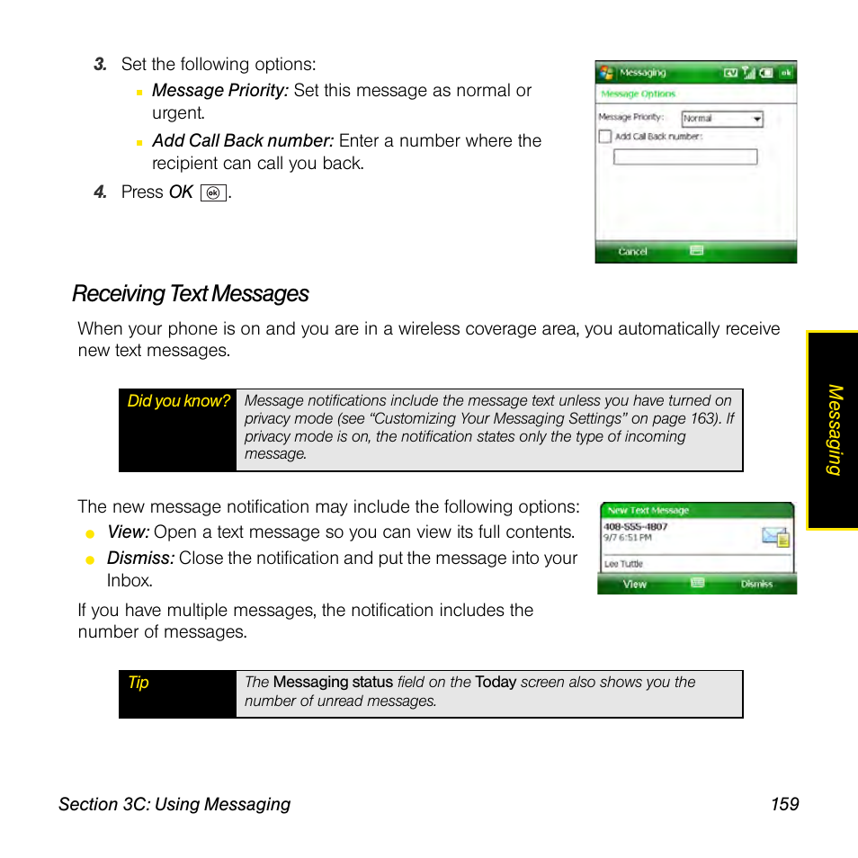Receiving text messages | Sprint Nextel Palm Treo 800w User Manual | Page 159 / 436