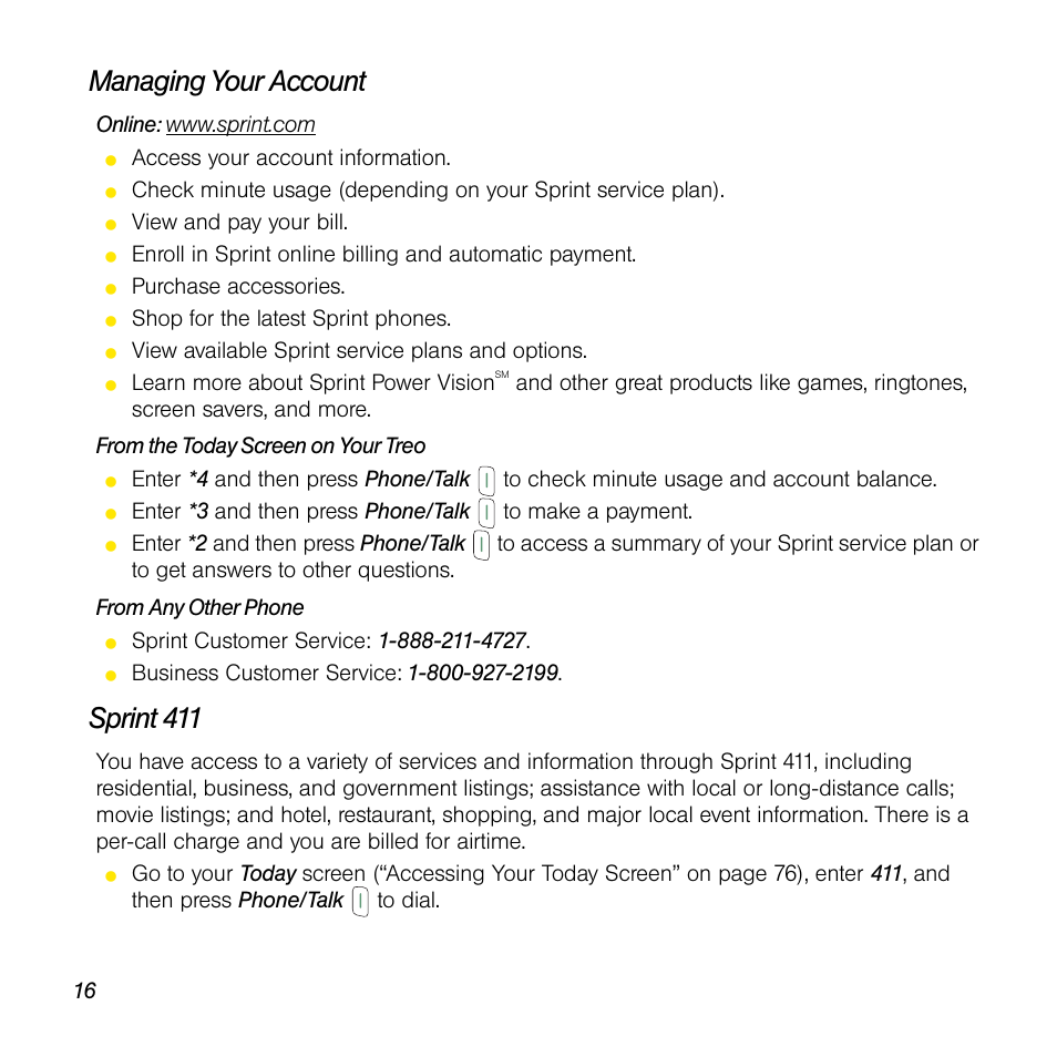 Managing your account, Sprint 411 | Sprint Nextel Palm Treo 800w User Manual | Page 16 / 436