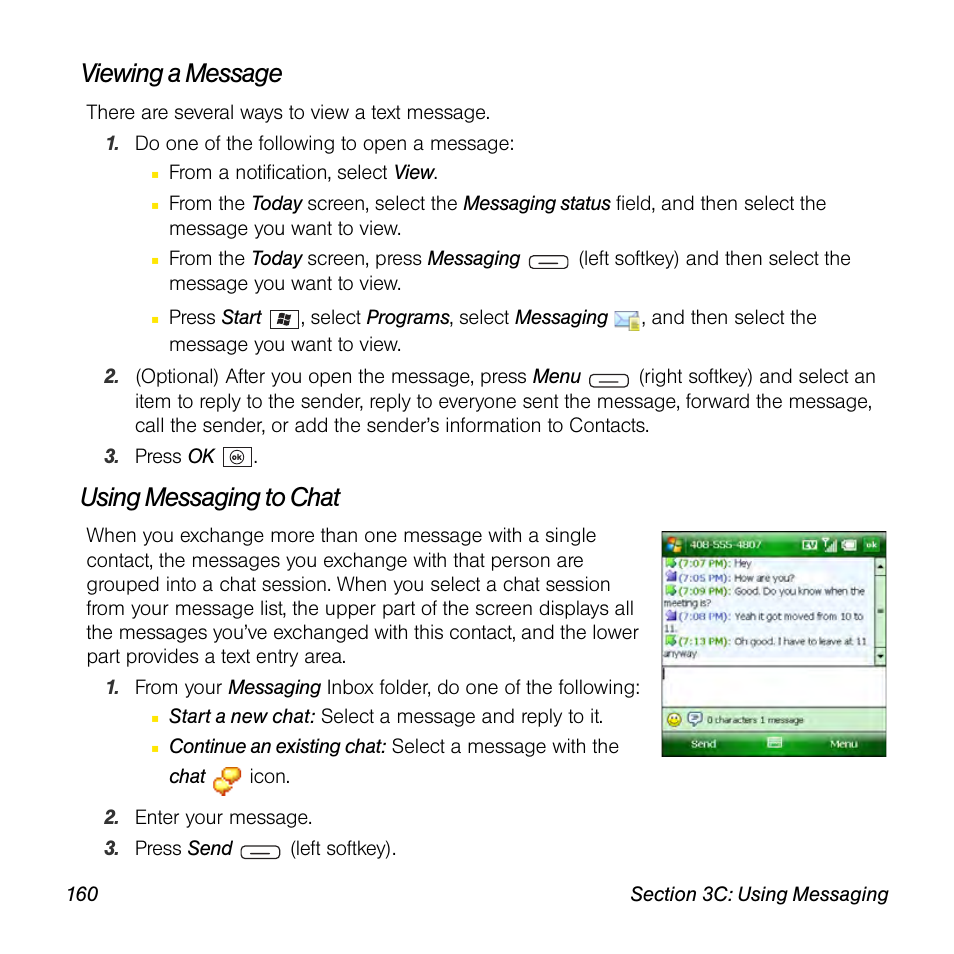 Viewing a message, Using messaging to chat | Sprint Nextel Palm Treo 800w User Manual | Page 160 / 436