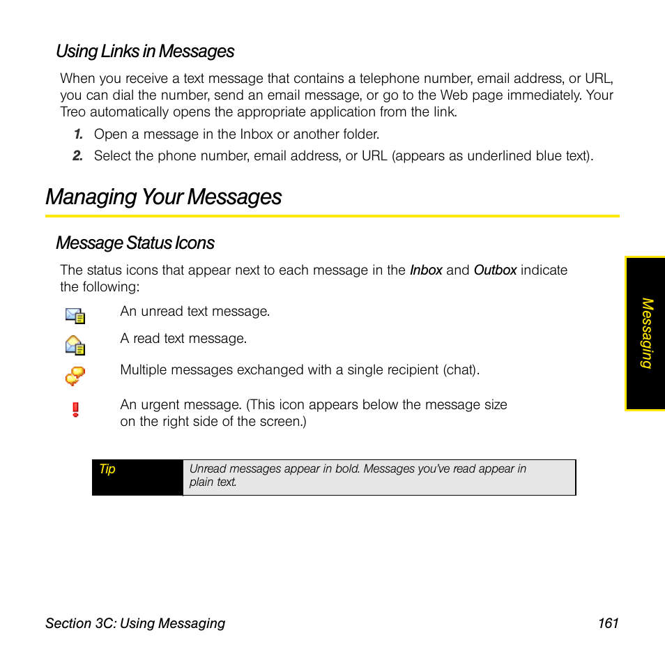 Using links in messages, Managing your messages, Message status icons | Sprint Nextel Palm Treo 800w User Manual | Page 161 / 436