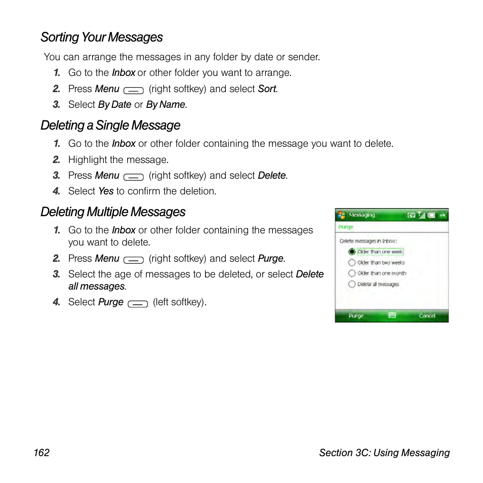 Sorting your messages, Deleting a single message, Deleting multiple messages | Sprint Nextel Palm Treo 800w User Manual | Page 162 / 436