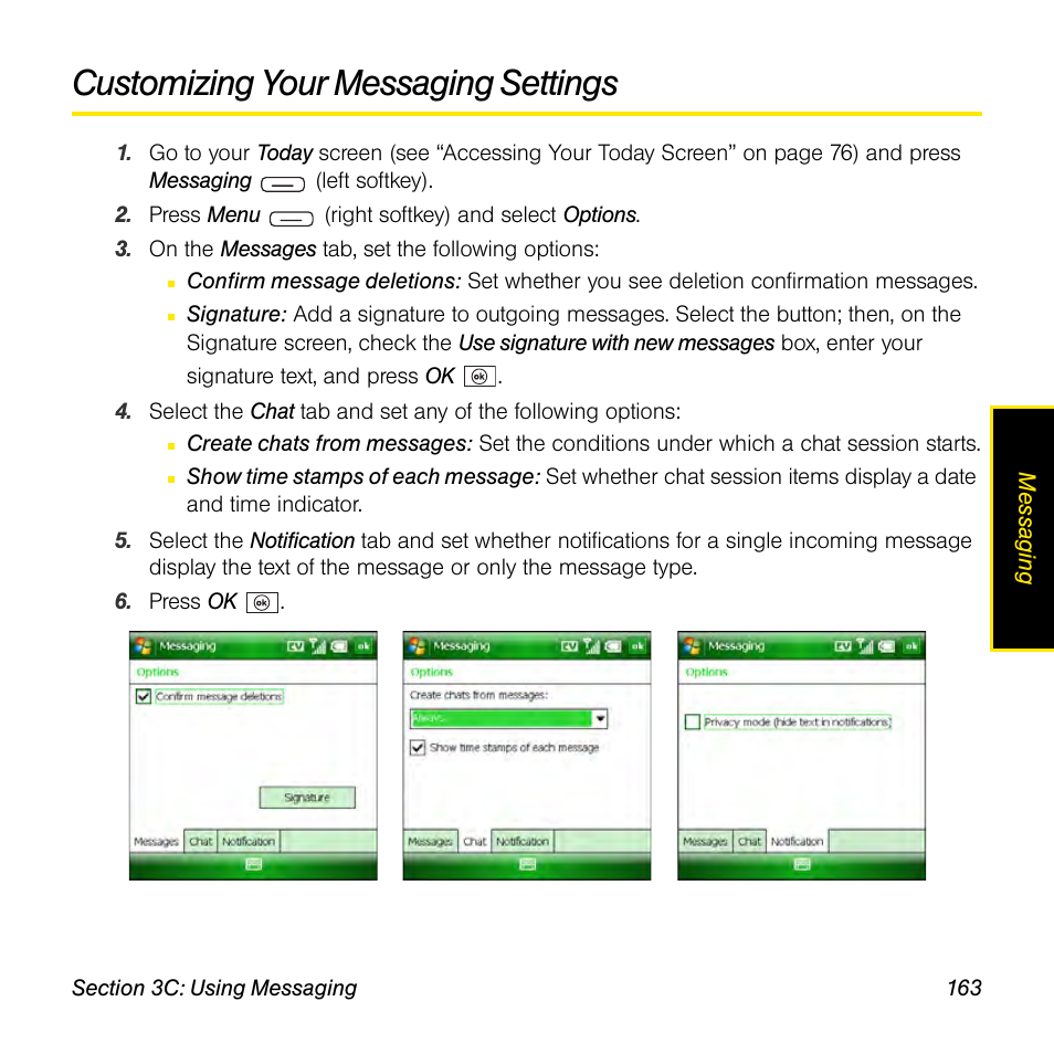 Customizing your messaging settings | Sprint Nextel Palm Treo 800w User Manual | Page 163 / 436