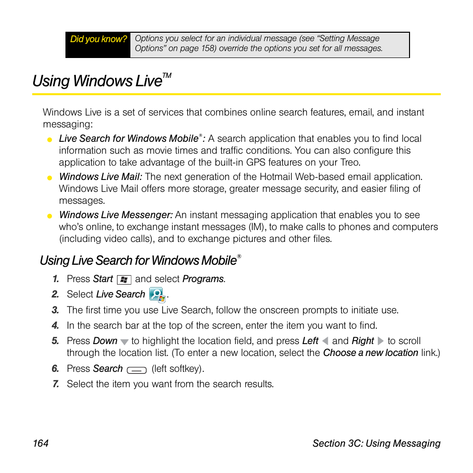 Using windows livetm, Using live search for windows mobile, Using windows live | Sprint Nextel Palm Treo 800w User Manual | Page 164 / 436