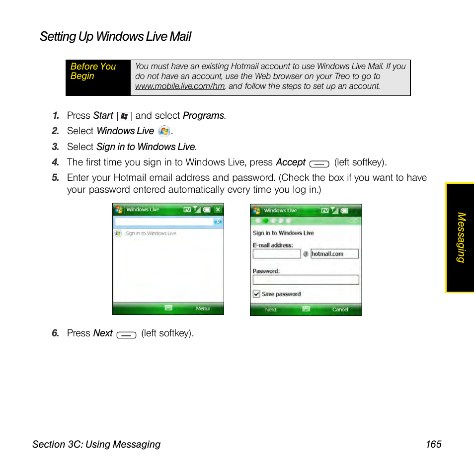 Setting up windows live mail | Sprint Nextel Palm Treo 800w User Manual | Page 165 / 436