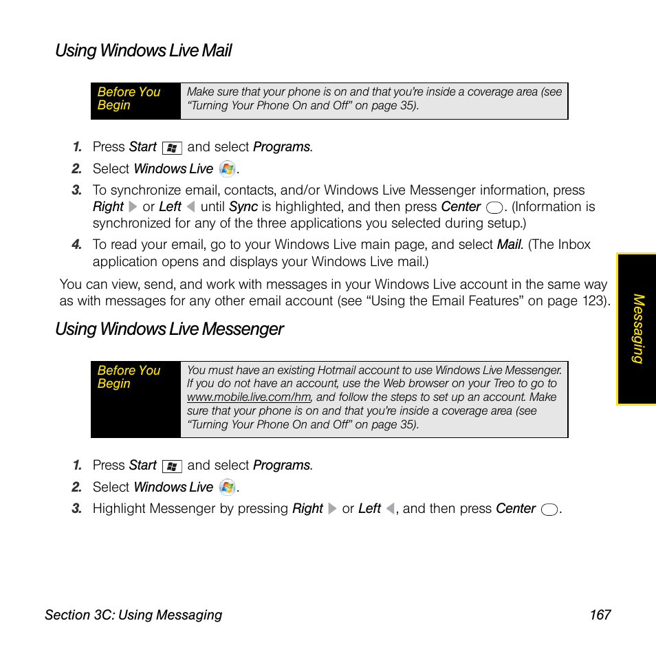 Using windows live mail, Using windows live messenger | Sprint Nextel Palm Treo 800w User Manual | Page 167 / 436