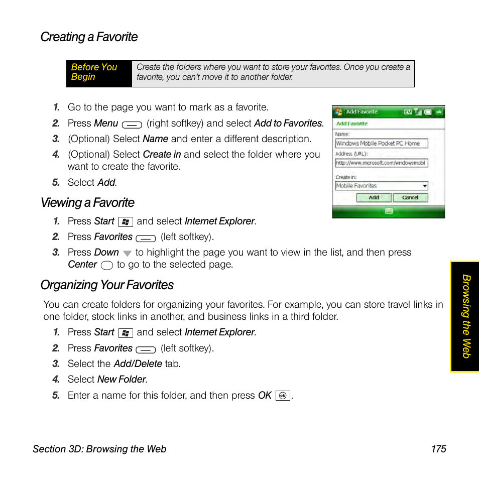 Creating a favorite, Viewing a favorite, Organizing your favorites | Sprint Nextel Palm Treo 800w User Manual | Page 175 / 436
