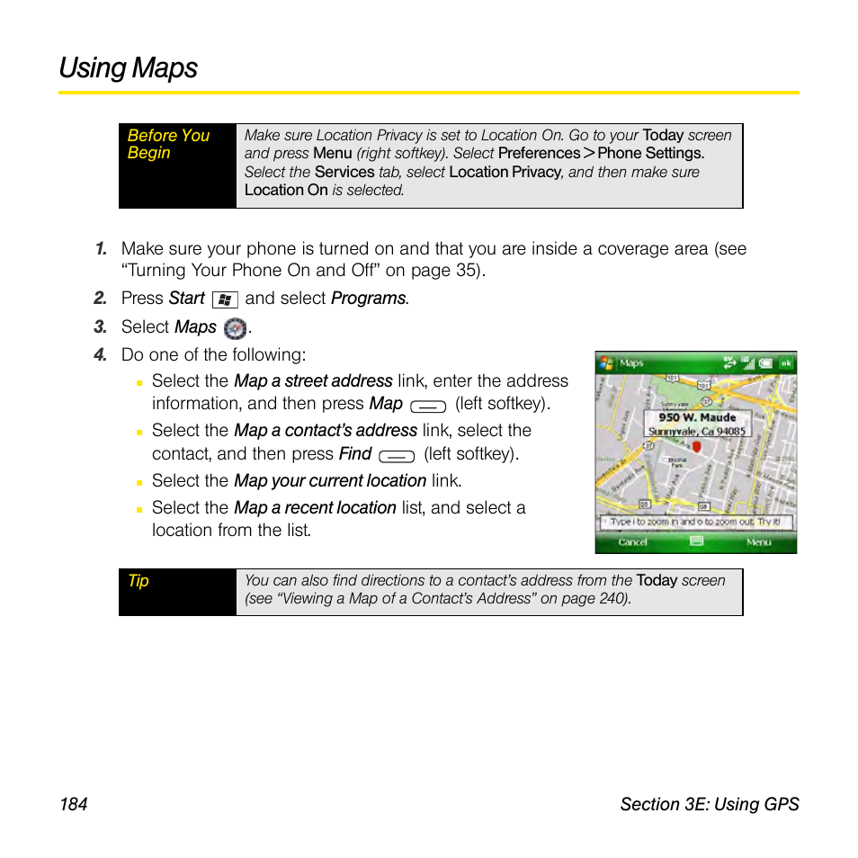 Using maps | Sprint Nextel Palm Treo 800w User Manual | Page 184 / 436