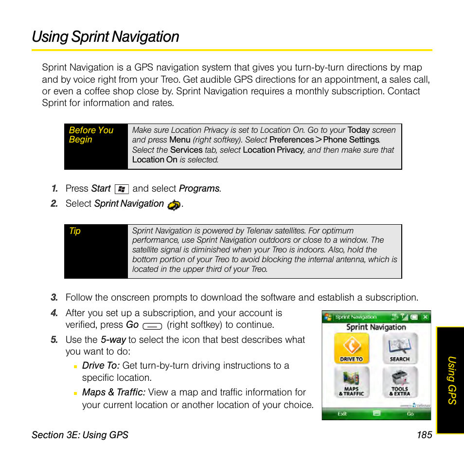 Using sprint navigation | Sprint Nextel Palm Treo 800w User Manual | Page 185 / 436