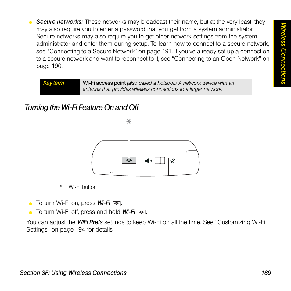 Turning the wi-fi feature on and off | Sprint Nextel Palm Treo 800w User Manual | Page 189 / 436