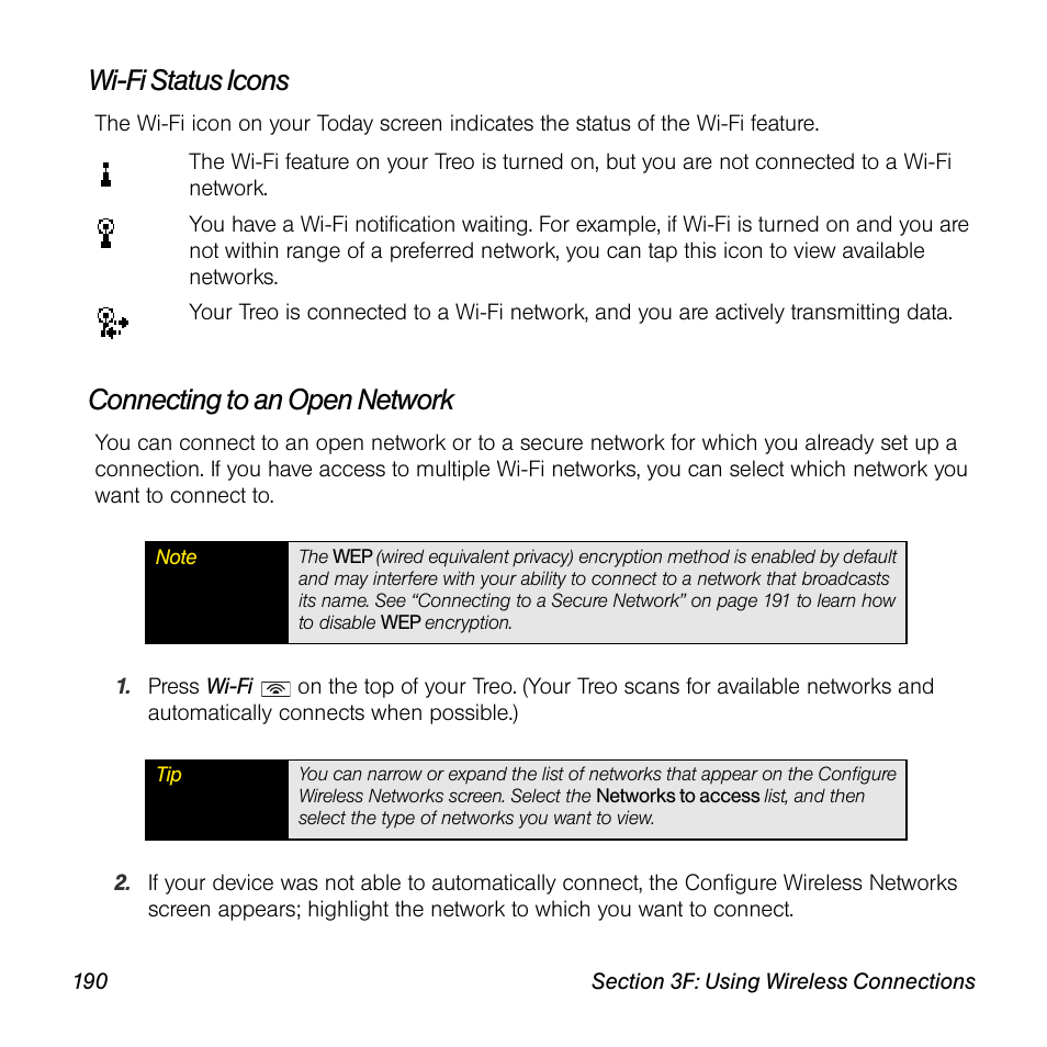 Wi-fi status icons, Connecting to an open network | Sprint Nextel Palm Treo 800w User Manual | Page 190 / 436