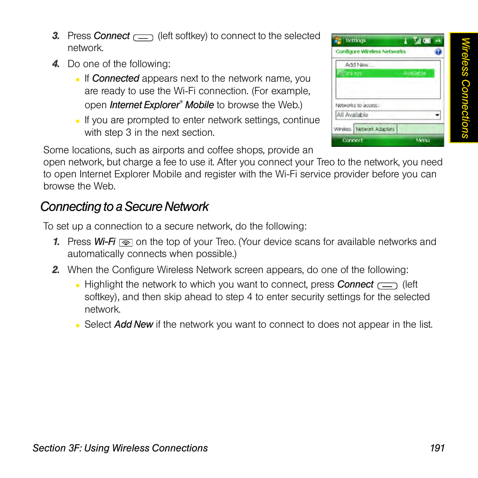 Connecting to a secure network | Sprint Nextel Palm Treo 800w User Manual | Page 191 / 436