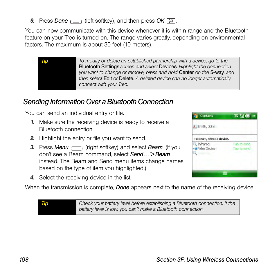 Sending information over a bluetooth connection | Sprint Nextel Palm Treo 800w User Manual | Page 198 / 436