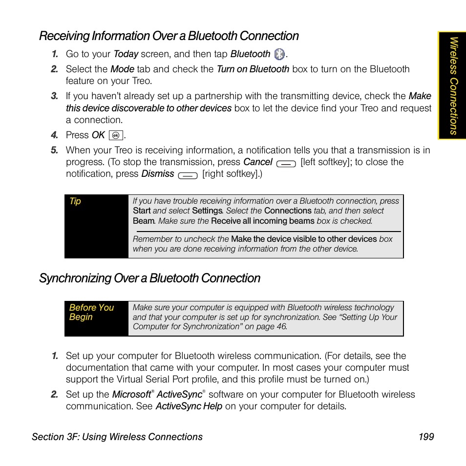 Receiving information over a bluetooth connection, Synchronizing over a bluetooth connection | Sprint Nextel Palm Treo 800w User Manual | Page 199 / 436