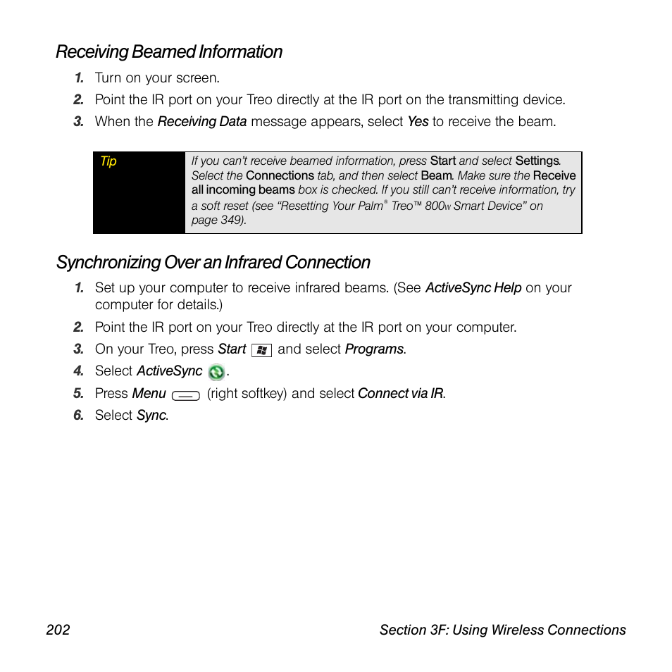 Receiving beamed information, Synchronizing over an infrared connection | Sprint Nextel Palm Treo 800w User Manual | Page 202 / 436