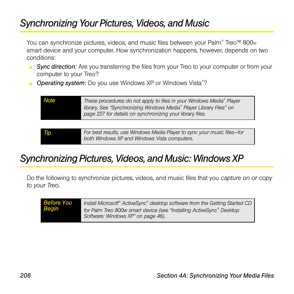 Synchronizing your pictures, videos, and music, Treo™ 800 | Sprint Nextel Palm Treo 800w User Manual | Page 206 / 436