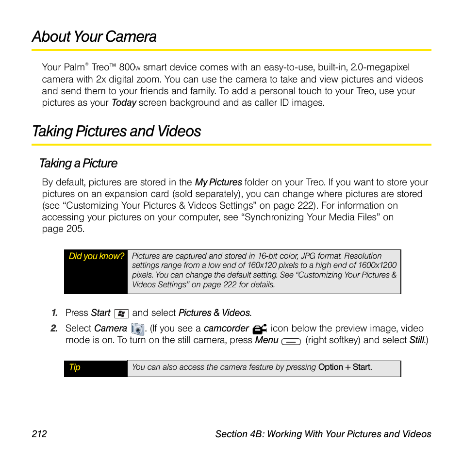 About your camera, Taking pictures and videos, Taking a picture | Sprint Nextel Palm Treo 800w User Manual | Page 212 / 436