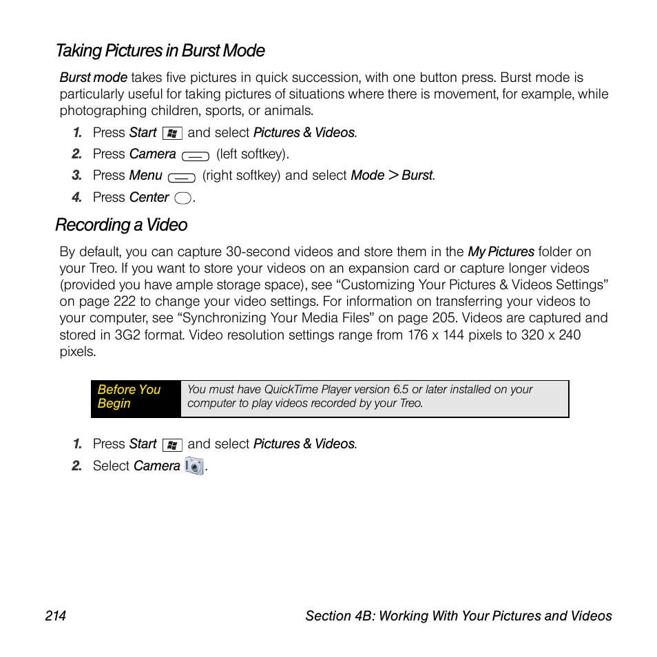 Taking pictures in burst mode, Recording a video | Sprint Nextel Palm Treo 800w User Manual | Page 214 / 436