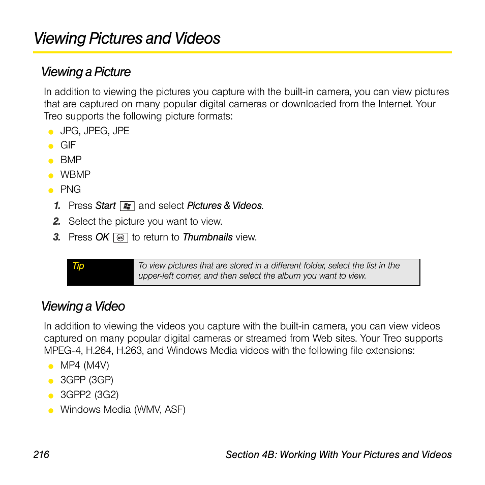 Viewing pictures and videos, Viewing a picture, Viewing a video | Sprint Nextel Palm Treo 800w User Manual | Page 216 / 436