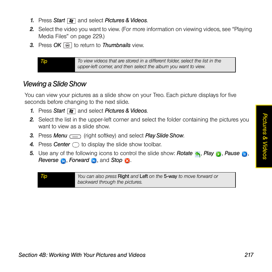 Viewing a slide show | Sprint Nextel Palm Treo 800w User Manual | Page 217 / 436