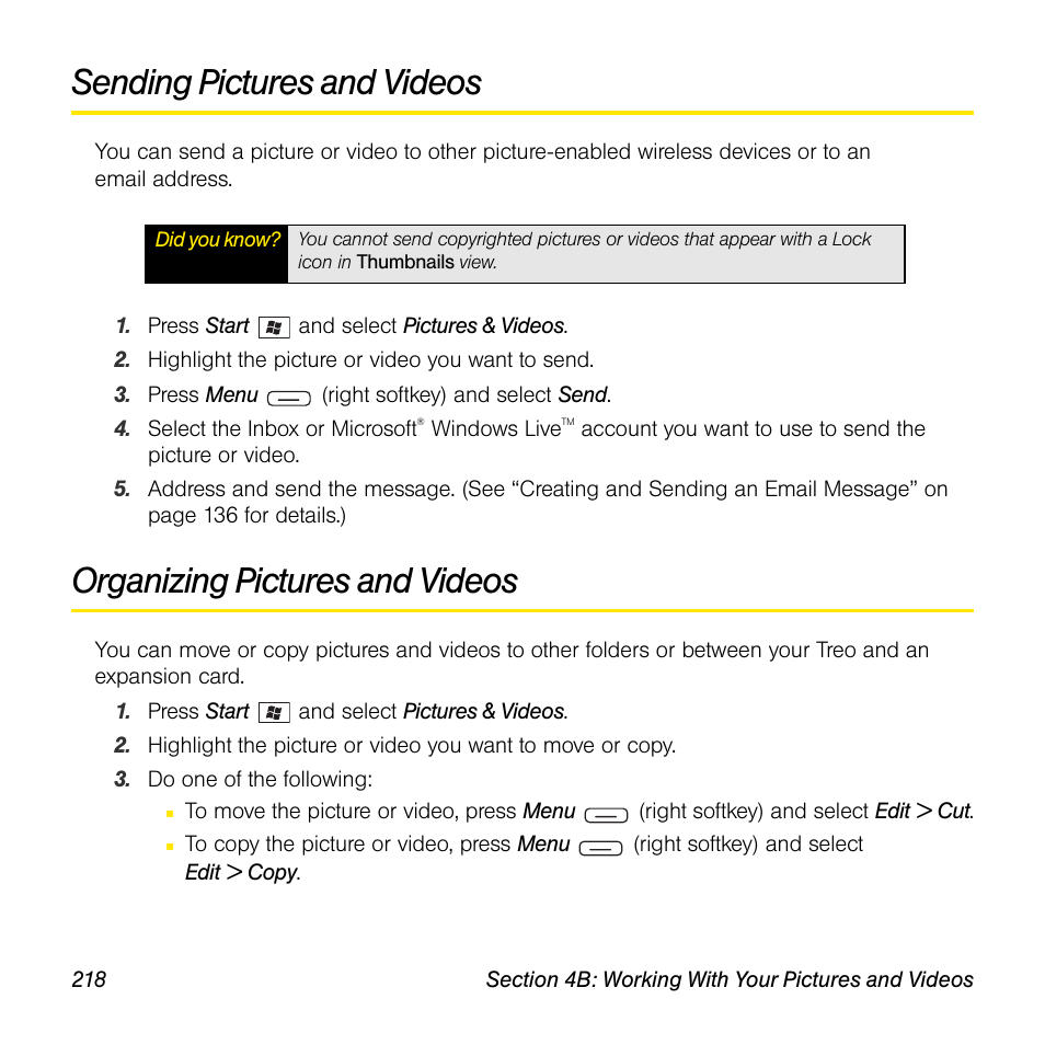 Sending pictures and videos, Organizing pictures and videos | Sprint Nextel Palm Treo 800w User Manual | Page 218 / 436