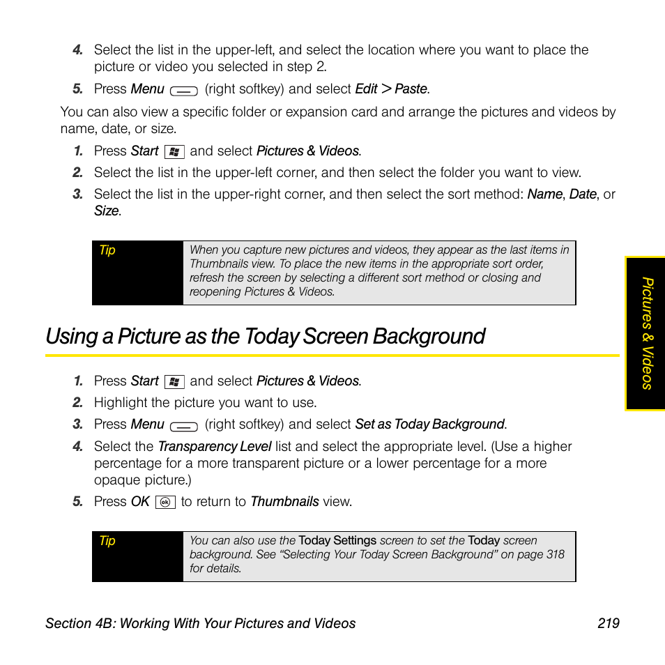 Using a picture as the today screen background | Sprint Nextel Palm Treo 800w User Manual | Page 219 / 436
