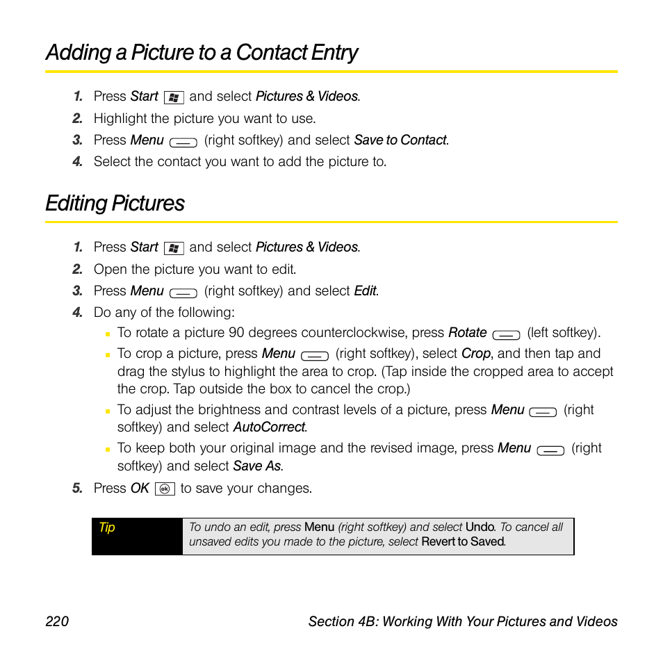 Adding a picture to a contact entry, Editing pictures | Sprint Nextel Palm Treo 800w User Manual | Page 220 / 436