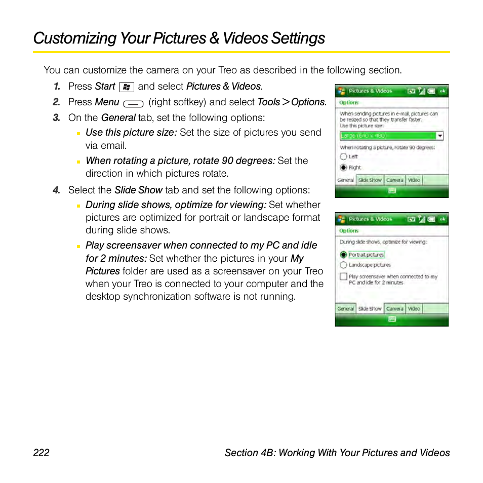 Customizing your pictures & videos settings | Sprint Nextel Palm Treo 800w User Manual | Page 222 / 436